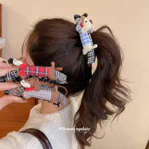 Fabric Dachshund Bow Twist Claw Hair Clip Plaid Style