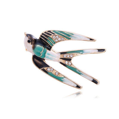 Front product view of an enamel bird broochis