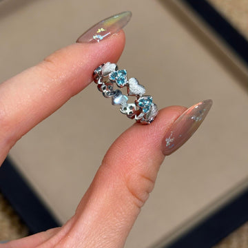 Silver Open Heart Blue Stone Ring Flower Open Band