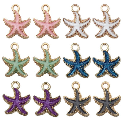 Colorful starfish charms arranged on a light background