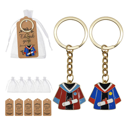 Red and blue graduation gown keychains with bags and kraft tags