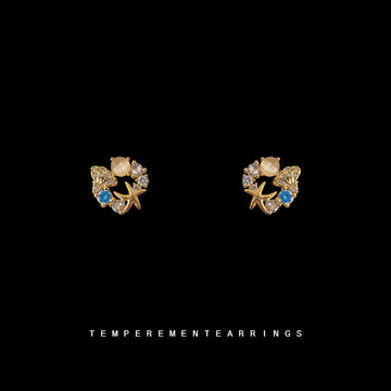 Gold Tone Starfish Shell And Aqua Stone Cluster Stud Earrings