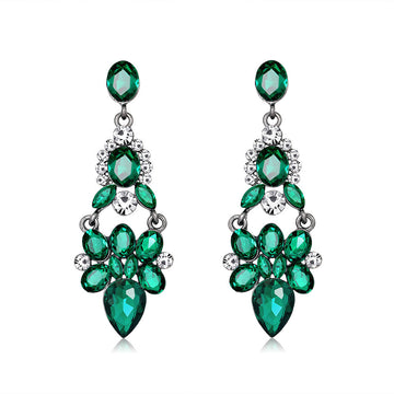 Green Silver Tone Green Floral Teardrop Tassel Crystal Three Designs Metal Dangle Earrings