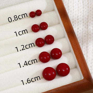 Red Domed Round Stud Earrings in Five Graduated Sizes