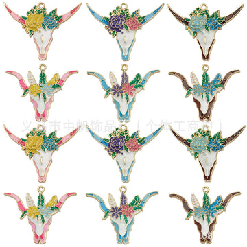 Colorful Floral Bull Skull Charms in 12 Designs