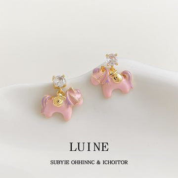 Gold Tone Clear Stone Top And Pink Pony Stud Earrings