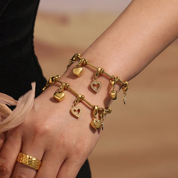 Snake Chain Heart Zircon Charm Bracelet Gold Steel