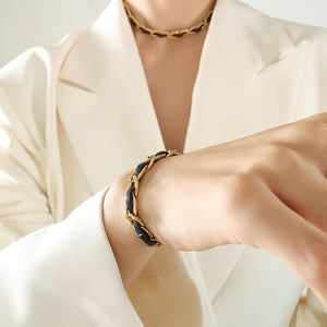Black Leather Gold Chain Link Bracelet Necklace Mixed Metal Set