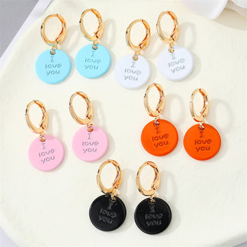 Gold Tone I Love You Disc Huggie Drop Earrings in Five Colors