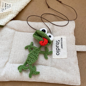 Green Crochet Frog Pendant Brown Cord Necklace Charm