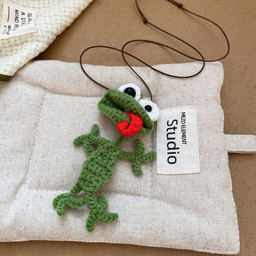 Green Crochet Frog Pendant Brown Cord Necklace Charm