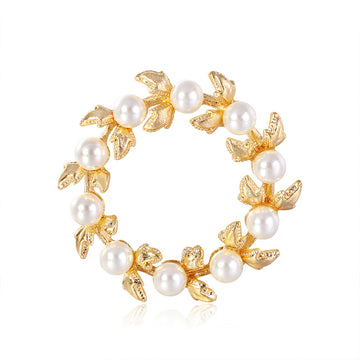 Gold Tone Leaf Wreath Brooch Pin with White Pearls