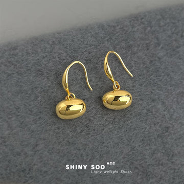 Gold Polished Smooth Oval Bean Fishhook Drop Earrings