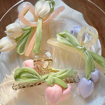 Tulip And Sheer Bow Hair Claw In Purple Pink Or White