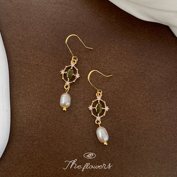 Gold Tone Green Oval Stone And White Pearl Hook Earrings