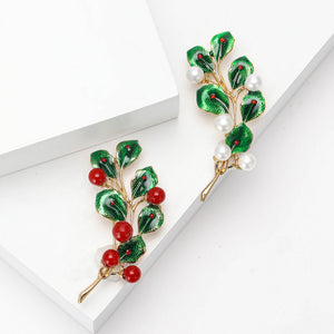 Red and Green Crystal Leaf Branch Brooch With Gold Tone Stem