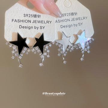 Star Crystal Fringe Drop Earrings in Silver and Black