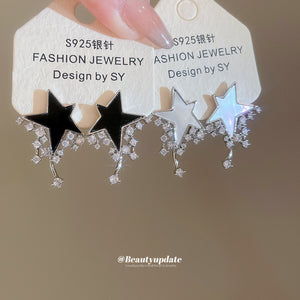 Star Crystal Fringe Drop Earrings in Silver and Black