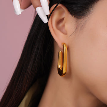 U Shape Oval Hollow Hoop Stud Earrings Gold Silver Metal