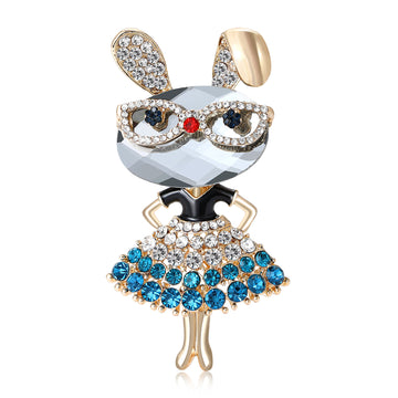 Gold Tone Rhinestone Bunny Girl Brooch Blue Red Skirt