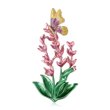 Butterfly on Flower Spike Enamel Brooch in Pink or Purple
