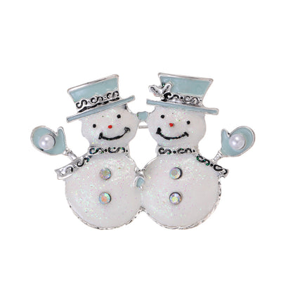 Front product view of the christmas snowman brooch pin in silver and aqua