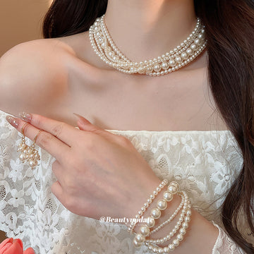Multi Strand Cream Pearl Necklace Bracelet Cluster Earrings