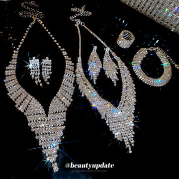 Silver Rhinestone V Tassel Necklace Drop Earring 2-Piece Set