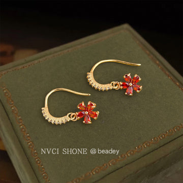 Gold Tone Red Orange Flower Drop Earrings Clear Hook Pavé