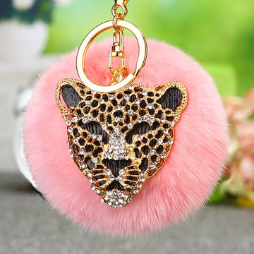 Gold Leopard Head Keychains with White Pink and Gray Rabbit Fur Poms