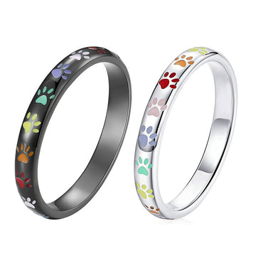 Colorful Paw Print Band Ring Gunmetal Silver Sizes 6-10