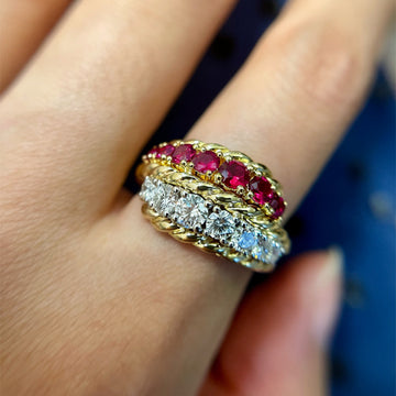 Gold Dual Twisted Rope Ring Ruby Red Clear Crystal Rows