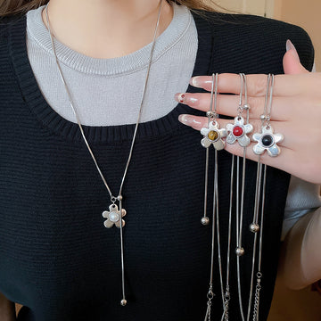 Silver Tone Flower Lariat Necklace With Pearl Accents