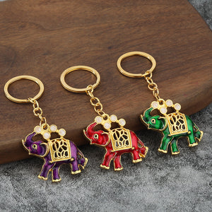 Enamel Elephant Keychain, Gold Tone Zinc Alloy with White Accents