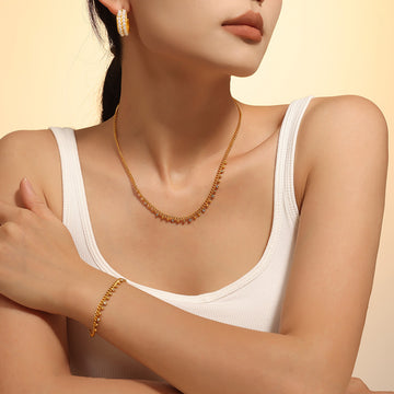 Gold Curb Chain Bead And Rhinestone Necklace And Bracelet