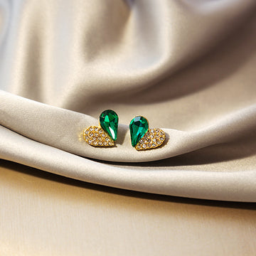 Emerald Green Double Heart Crystal Look Small Stud Earrings