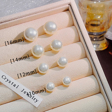Three Size White Pearl Look Round Gold Stud Earrings