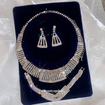 Silver Fan Mesh Rhinestone Collar Set Wide Crystal Bracelet