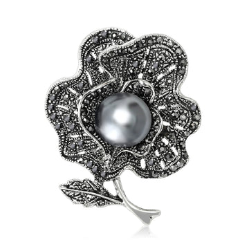 Black Crystal Flower Brooch With Gray Pearl Center