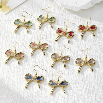Gold Bow Dried Flower Resin Drop Earrings Five Petal Colors