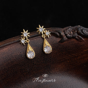 Gold Starburst Clear Teardrop Crystal Drop Stud Earrings