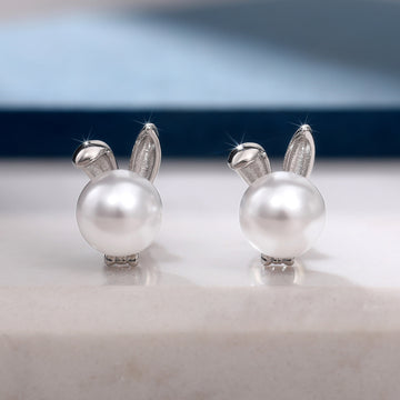 Silver Bunny Ear White Faux Pearl Stud Earrings Pair