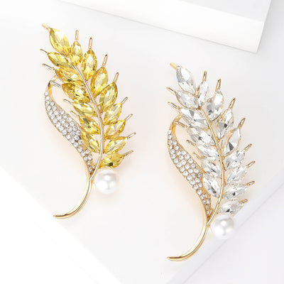 Crystal Wheat Stalk Brooch With White Pearl Accent shown from the front on a white background