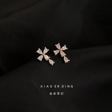 Mini Clear Crystal Cross Stud Earrings Silver Tone