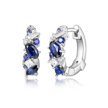 Blue Mixed-Cut Stone Small Hoop Earrings In Silver Tone