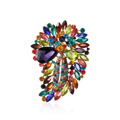 Multicolor crystal leaf brooch with dark purple teardrop on white