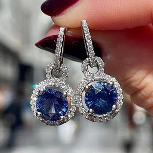 White Gold Tone Royal Blue Round Halo Crystal Drop Earrings