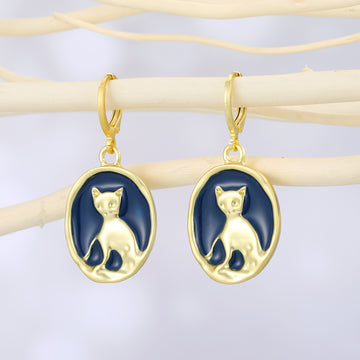 Gold Tone Oval Navy Cat Medallion Huggie Drop Earrings