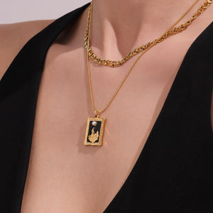 Double Layer Curb Snake Chain Enamel Square Pendant Necklace