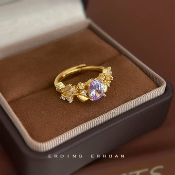 Gold-Tone Open Ring Purple Oval Crystal Leaf Accents